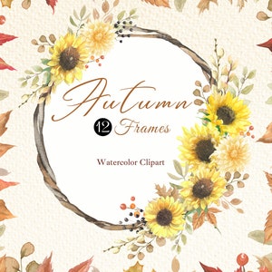 Watercolor fall clipart, Boho Sunflowers bouquet Frames, Pumkins clipart, Fall Leaves Clipart, Boho Wedding clipart, Thanksgiving Invitation