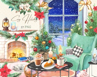 Watercolor Christmas Clipart: Cozy Holiday Home PNG (Digital Download)