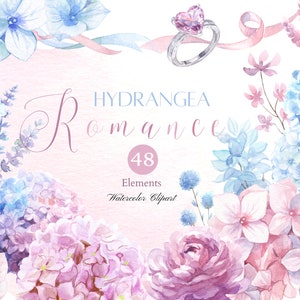 Aquarell Valentine Clipart, Hortensie Romantik, rosa und blaue Blumen, Liebe Herz Ring, Hochzeit, Babyparty und Geburtstagseinladung PNG
