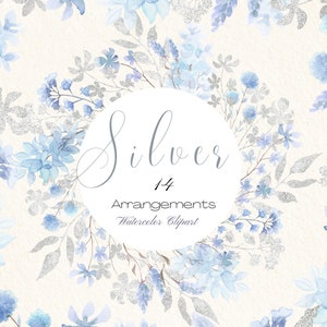 Clipart floral azul acuarela, flor silvestre azul plateada, marcos, coronas, ramos para bodas, baby showers e invitación de aniversario PNG