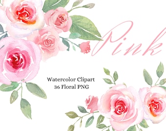 Watercolor Pink Blush Rose Clipart, Pink Floral Rose Clipart, Wedding Invitation Clipart, Watercolor Blush Rose PNG, Pink Rose Elements PNG
