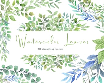 Clipart aquarelbladeren: groene kransen en lijsten, digitale download