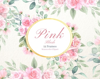 Watercolor Pink Rose Frames Clipart: Blush Floral PNG, Digital Download