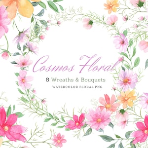 Aquarel kosmos bloemen, roze bloemkransen, pastel roze blozen illustraties, verjaardag & baby shower, bruiloft uitnodigingskaart, scrapbooking