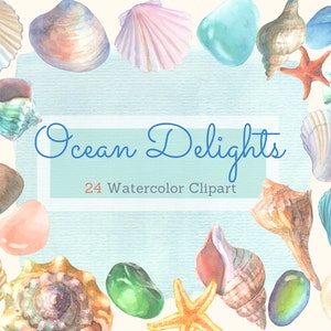 Watercolor Ocean Sea Shells, Blue Green Sea Glasses, Pastel Seashell Elements Clipart, Sea Snail and Starfish, Scallops,  Seashell Wreaths