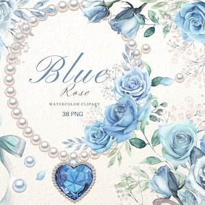 Aquarel Blue Rose Clipart, Serenity Blue Floral Elements, Dusty Blue Rose met Titanic Ketting, Valentine Blue Heart en Parels, Linten
