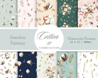 Watercolor Cotton Floral Seamless Pattern: Pastel Fabric Designs (Digital Download)
