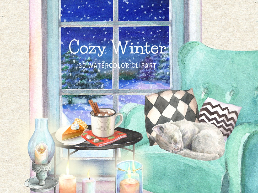 Watercolor Clipart, Cozy Winter Room, Home Decoration Clipart, Fire ...