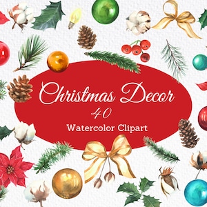 Clipart Noël aquarelle, poinsettia et feuilles persistantes, clipart d'éléments de Noël, couronne de Noël. Feuilles de pin, Pomme de pin PNG