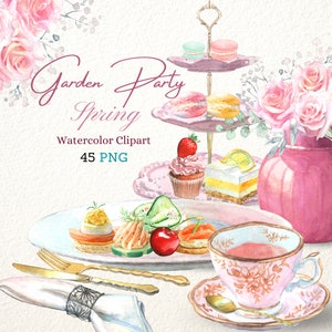 Clipart Watercolor Tea Party, Pink Rose Tea Party set, Clipart rysowany ręcznie, Scenery DIY Elements set. Wieczorny krajobraz, taras, stoły.