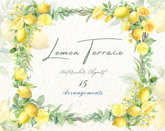 May include: Watercolor clipart of 15 lemon arrangements. The image features lemons, lemon slices, green leaves, and yellow flowers. The text "Lemon Terrace Watercolor Clipart 15 Arrangements" is written in the center of the image.