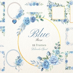 水彩画の青いバラのクリップアート、グレーブルーの花のフレームのクリップアート、結婚記念日、ベビーシャワー、誕生日の招待状とスクラップブック