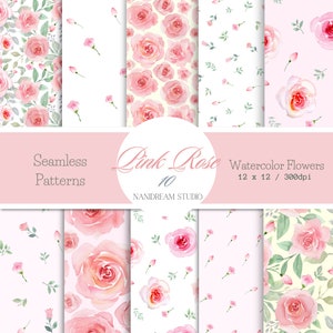 Watercolor Pink Rose Seamless pattern, digital paper, Printable digital pattern for fabrics, wallpaper.