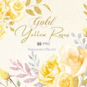 Aquarell Gelbe Rose Clip Art, Gold und Silber Blätter, Pastell Gelbe Rosen Florale Elemente, Babyparty und Hochzeit, Geburtstagseinladung