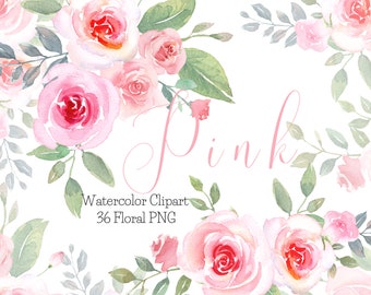 Hand Painted Watercolor Pink Rose Clipart: Floral PNG Elements