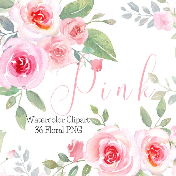 Watercolor Pink Rose Clipart, Blush Pink Floral Rose Clipart, Wedding Invitation Clipart, Watercolor Blush Rose PNG, Pink Rose Elements PNG