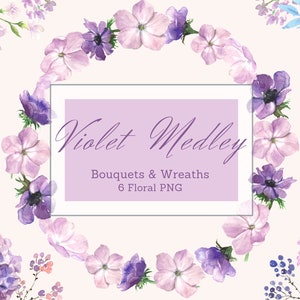 Flores violetas de acuarela, corona de flores y ramo png, clip art de flores de rubor rosa, invitaciones, baby shower y scrapbooking png