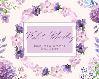 Watercolor Violet Flower Clipart: Bouquets & Wreaths (PNG Digital Download)