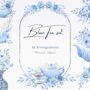Clipart di tè blu dell'acquerello, mazzi di tè floreali di rose blu, teiera con cornici in argento, baby shower, compleanno, clipart di invito a nozze