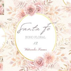Acuarela Boho Clipart, Flores Rosas Polvorientas, Elegantes Marcos Boho Rosa Gris, Marcos Dorados Florales Boho, Invitaciones, Flores Silvestres Secas PNG