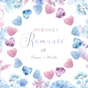 Aquarell Valentinstag Clipart, Hortensien Romanze, rosa und blaue Blumen, Rahmen und Kranz, Hochzeit, Babyparty und Geburtstagseinladungen PNG