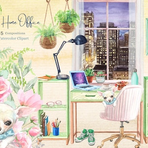 Cozy Home Office Watercolor Clipart, Cityscape view Scenery clipart, Cherry Blossom Window, Desk and Chair, Chihuahua, Wall Decor & Planner