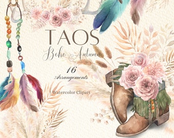 Watercolor Boho Clipart, Rustic Boho Arrangements, Feathers, Boho Flowers, Autumn floral png, Pampas Vases, Fall Bohemian Mood, Fall Fashion