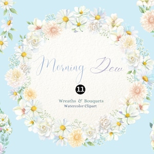 Imágenes prediseñadas de flores de acuarela, coronas de flores blancas, ramos florales, flores pastel, flores silvestres de margarita verde, baby shower, invitaciones,