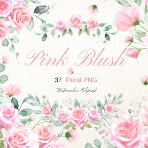 Aquarell rosa errötende Rosen-Cliparts, pastellrosa Blumen, florale Elemente und Blumensträuße, Kränze, Valentinstag, Babyparty und Einladungen