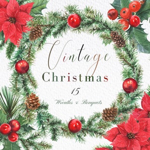 Clipart de Natal em aquarela, guirlandas de Natal, buquês, enfeites, algodão, poinsétia com guirlanda perene, álbum de recortes, cartão de Natal