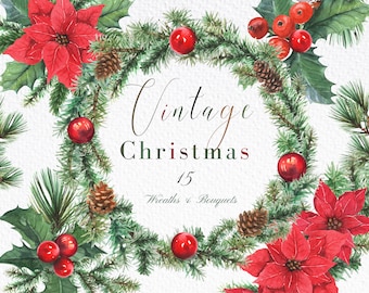 Watercolor Christmas Clipart: Poinsettia Wreaths & Bouquets, Digital Download