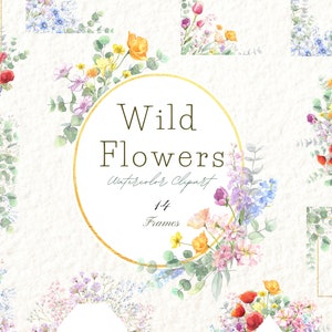Akwarela Wildflower Clipart, Pastelowe kwiaty Ramki, Mak, Tulipan, Kwiaty Ogrodowe, Rocznica, Zaproszenia Ślubne, Scrapbooking PNG