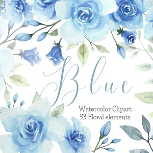 水彩のダスティブルーのバラのクリップ アート、グレーのブルーのバラの PNG、ブルーの花の要素セット。結婚式、誕生日、記念日の招待状。