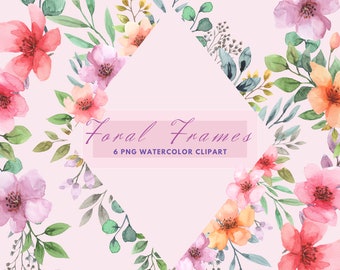 May include: Six watercolor floral frames in pink, peach, and green. The frames are arranged in a diamond shape with the text "Floral Frames 6 PNG Watercolor Clipart" in the center.