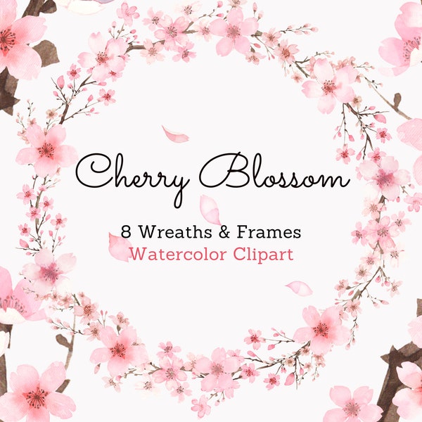 Watercolor Pink Cherryblossom Clipart, Blush Pastel Pink Floral PNG , Flower Wreaths and Frames, Baby Shower, Invitations, and Scrapbooking