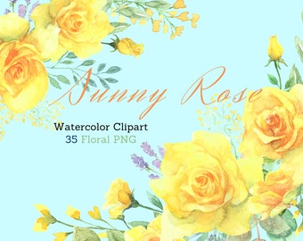 Watercolor Yellow Rose Clipart, Wedding Rose PNG, Yellow floral clip art, Sunny orange Rose Bouquets and Wreaths, Invitation, Scrapbooking