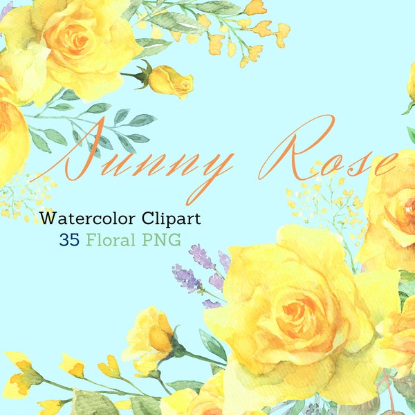 Watercolor Yellow Rose Clipart, Wedding Rose PNG, Yellow floral clip art, Sunny orange Rose Bouquets and Wreaths, Invitation, Scrapbooking