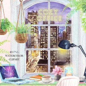 Cosy Home Office Aquarell Clipart, Interior Elements Set, Stadtansicht, Schreibtischstuhl, Kirschblütenfenster, Chihuahua, Turnschuhe, Pflanzen,