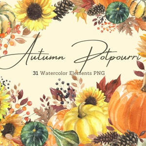 Watercolor Fall Pumpkin Clipart, Sunflower Clipart, Fall Wreath, Thanksgiving Pumpkins Clipart, Autumn Leaves PNG, Hand drawn Clipart