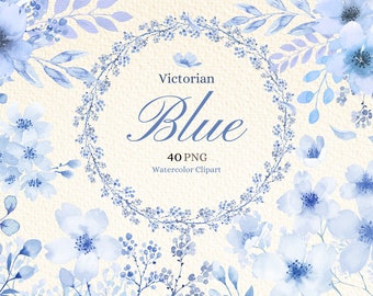 Watercolor Victorian Blue Clip Art, Light blue Floral Elements set, Frames, Pastel Blue Cherry Blossom flowers, Invitation and Scrapbooking