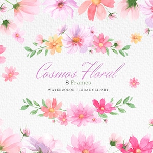 Aquarell Kosmos Blumen, Rosa Blumenrahmen, Pastell Rosa Blush Clipart, Geburtstag & Babyparty, Hochzeitseinladungskarten, Scrapbooking PNG