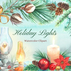 Clipart di Natale ad acquerello, Clipart di lampade disegnate a mano, candele di Natale, Clipart di scenari di finestre innevate, Poinsettia e decorazioni ornamentali