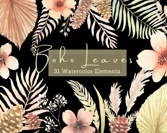 Watercolor Boho Autumn Leaves Clipart: Dried Palm & Pampas, PNG Digital Download