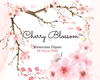 Cherry blossom Watercolor Clipart, Watercolor Scenry Floral PNG, Pink blush Pastel flower clipart, Scrapbooking and Invitations, Sakura PNG
