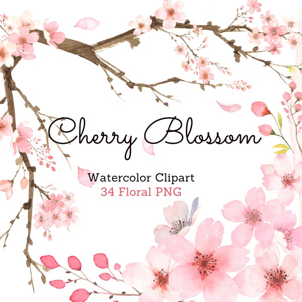 Cherry blossom Watercolor Clipart, Watercolor Scenery Floral PNG, Pink blush Pastel flower clipart, Scrapbooking and Invitations, Sakura PNG