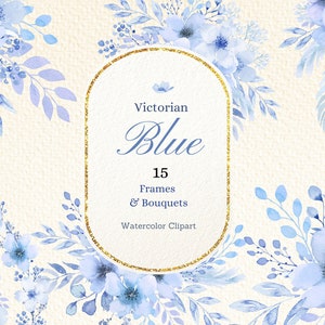 Aquarell Viktorianisches Blau ClipArt, Hellblaue Blumensträuße und Rahmen, Pastell Blaue Kirschblüten Blumen, Einladung und Scrapbooking