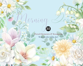 Watercolor Flower Clipart: White Floral Bouquets (Digital Download)