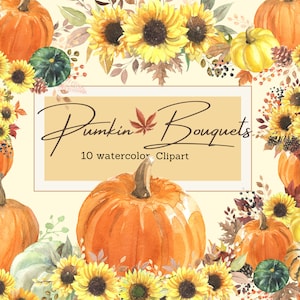 Watercolor Pumpkin Sunflower Clipart, Fall Autumn PNG, Baby Shower, Fall Thanksgiving Invitation, Autumn Pumpkin floral Bouquet PNG