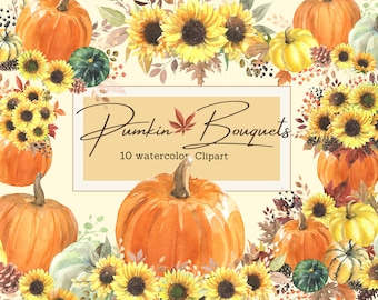 Aquarell Kürbis Sonnenblume Clipart: Herbst Blumensträuße, PNG Digital Download