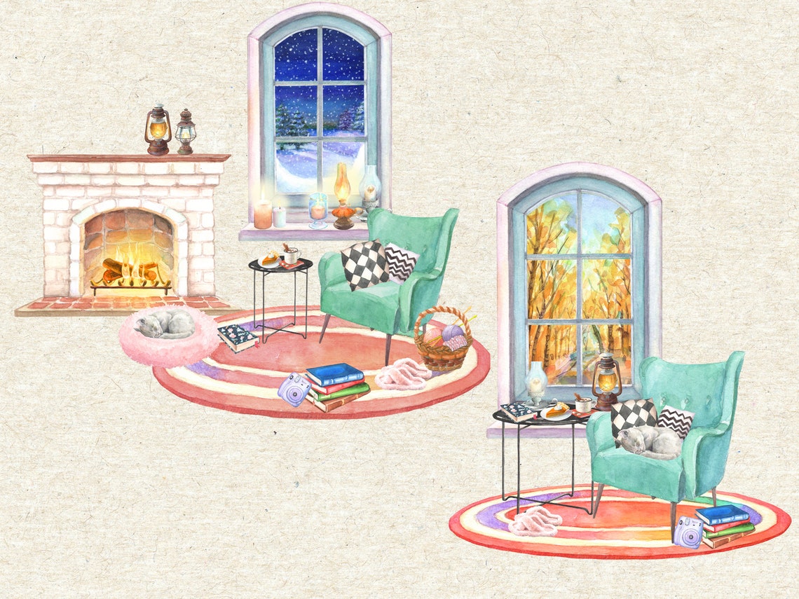 Watercolor Clipart Cozy Winter Room Home Decoration Clipart - Etsy